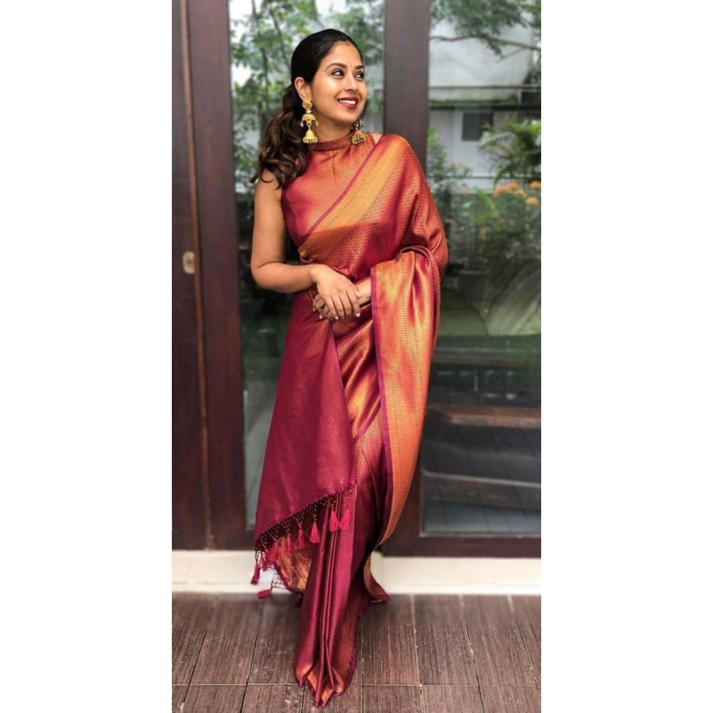 Seduva Women's Litchi silk Printed Saree With Unstitched Blouse (Red)