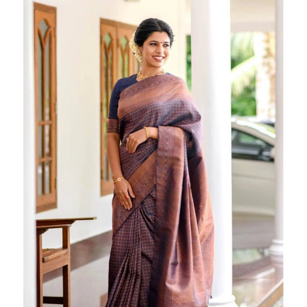 Seduva Women's Litchi silk Printed Saree With Unstitched Blouse (Navy Blue)