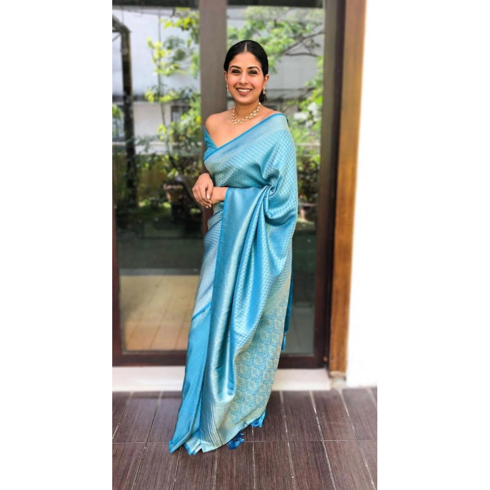 Seduva Women's Litchi silk Printed Saree With Unstitched Blouse (Sky Blue)