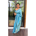 Seduva Women's Litchi silk Printed Saree With Unstitched Blouse (Sky Blue)