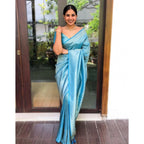 Seduva Women's Litchi silk Printed Saree With Unstitched Blouse (Sky Blue)