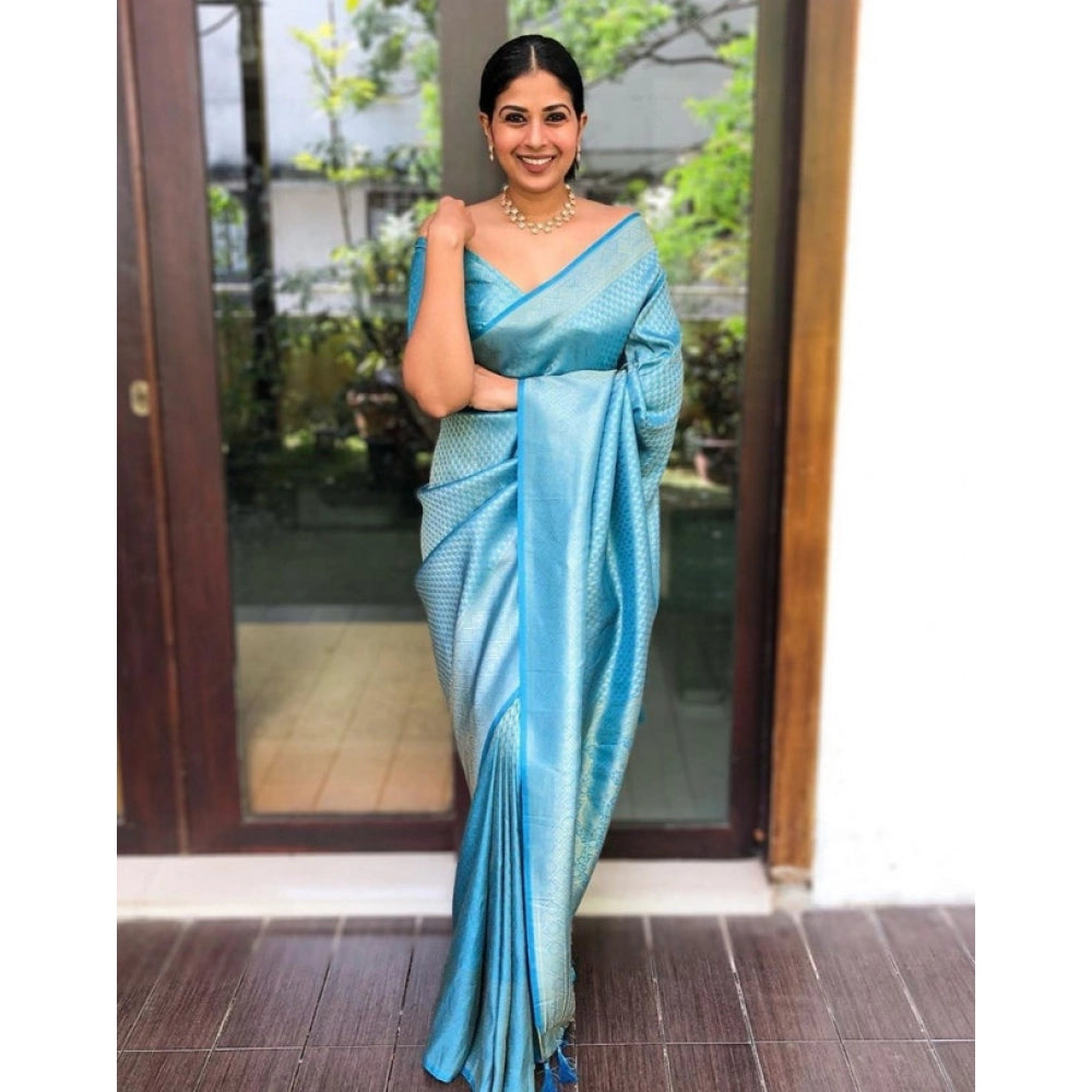 Seduva Women's Litchi silk Printed Saree With Unstitched Blouse (Sky Blue)