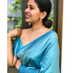 Seduva Women's Litchi silk Printed Saree With Unstitched Blouse (Sky Blue)