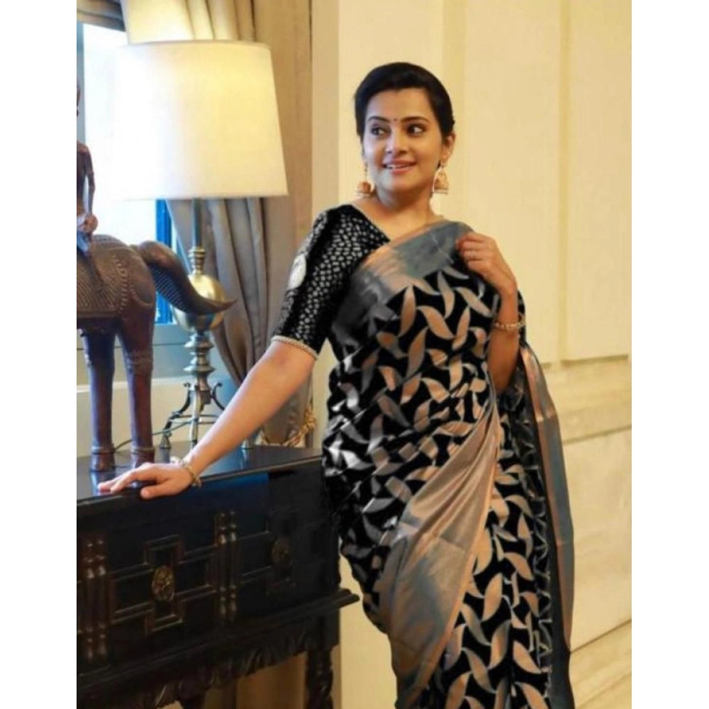 Seduva Women's Litchi silk Printed Saree With Unstitched Blouse (Black)