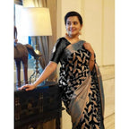 Seduva Women's Litchi silk Printed Saree With Unstitched Blouse (Black)