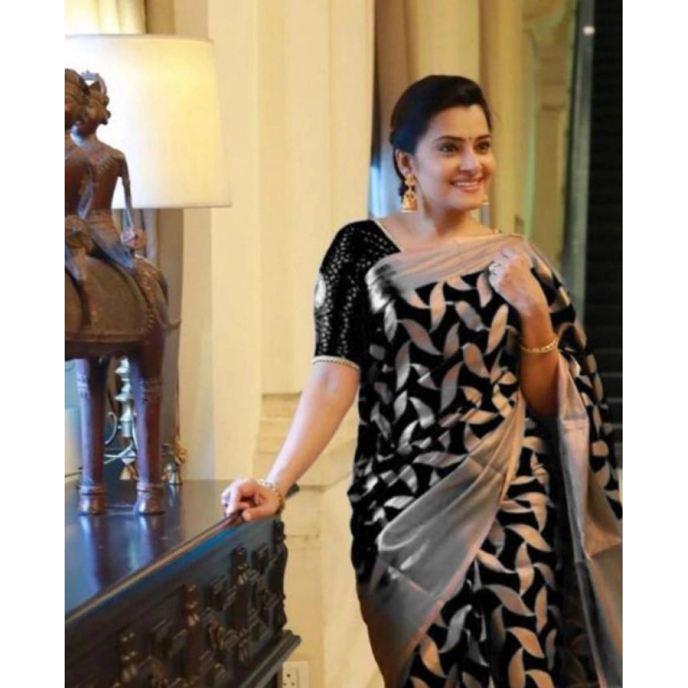 Seduva Women's Litchi silk Printed Saree With Unstitched Blouse (Black)