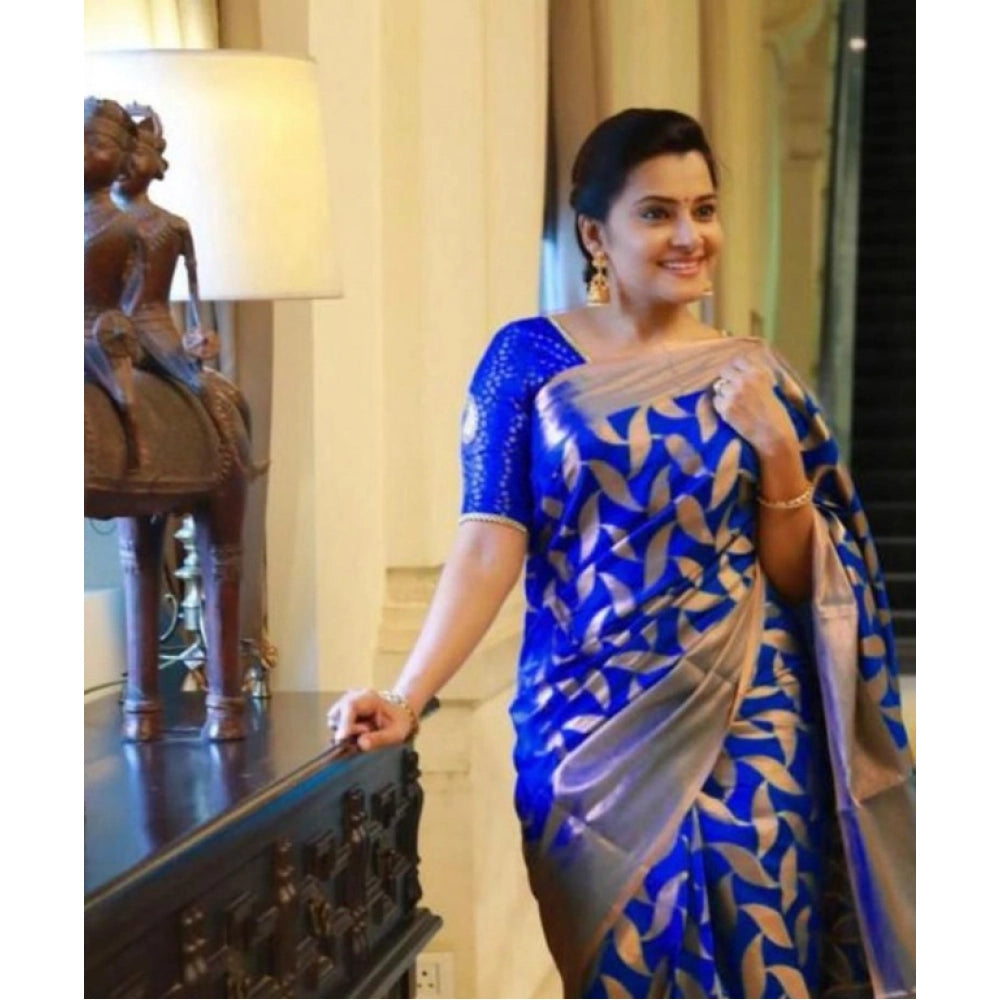 Seduva Women's Litchi silk Printed Saree With Unstitched Blouse (Blue)