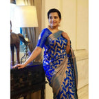 Seduva Women's Litchi silk Printed Saree With Unstitched Blouse (Blue)