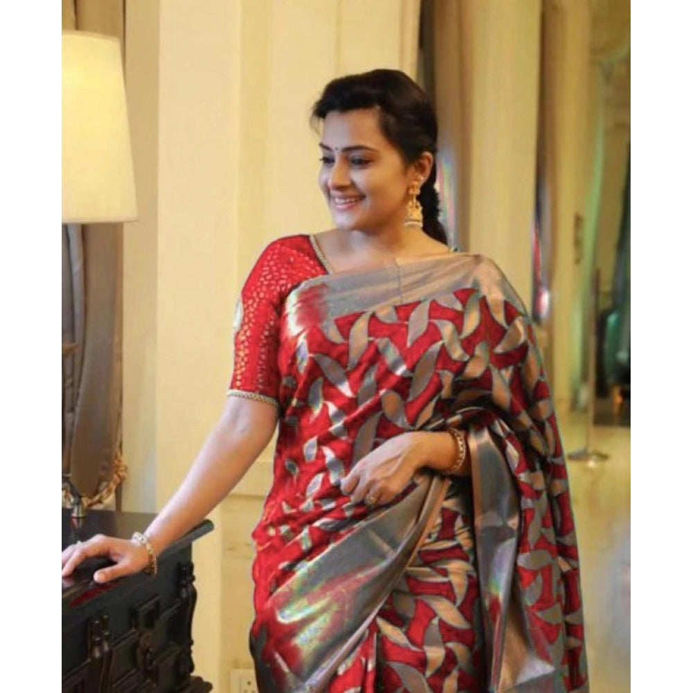 Seduva Women's Litchi silk Printed Saree With Unstitched Blouse (Red)