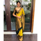 Seduva Women's Litchi silk Printed Saree With Unstitched Blouse (Yellow)