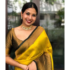 Seduva Women's Litchi silk Printed Saree With Unstitched Blouse (Yellow)