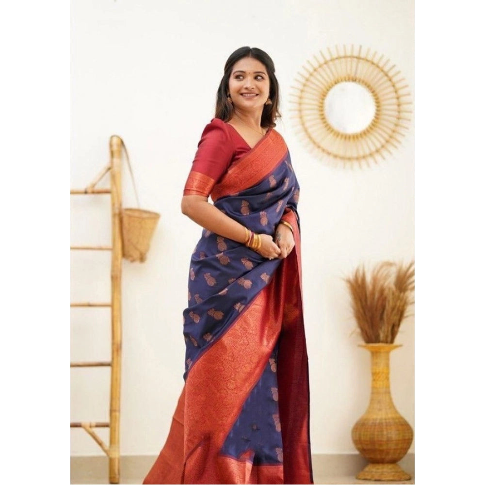 Seduva Women's Litchi silk Printed Saree With Unstitched Blouse (Blue)