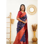 Seduva Women's Litchi silk Printed Saree With Unstitched Blouse (Blue)