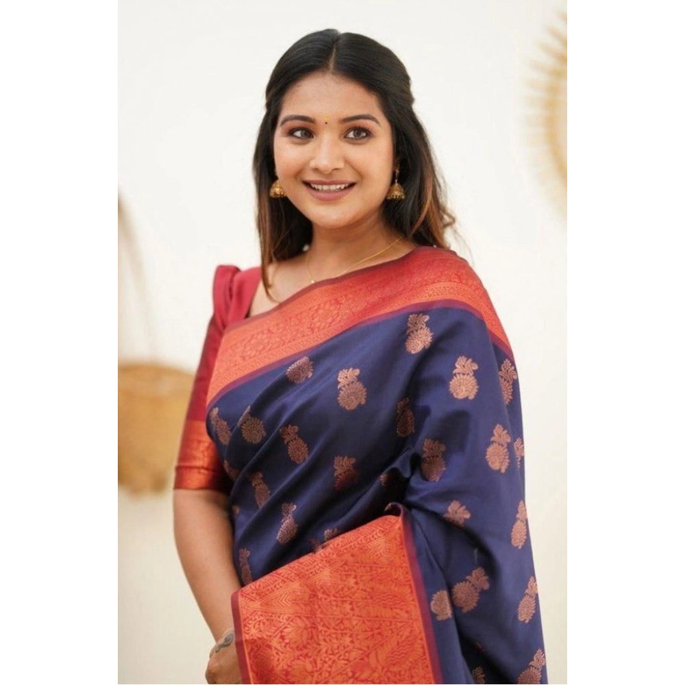 Seduva Women's Litchi silk Printed Saree With Unstitched Blouse (Blue)