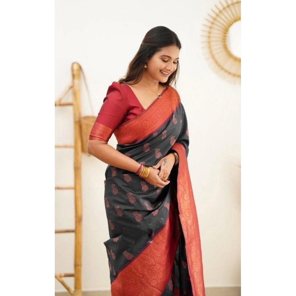 Seduva Women's Litchi silk Printed Saree With Unstitched Blouse (Grey)