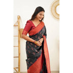 Seduva Women's Litchi silk Printed Saree With Unstitched Blouse (Grey)
