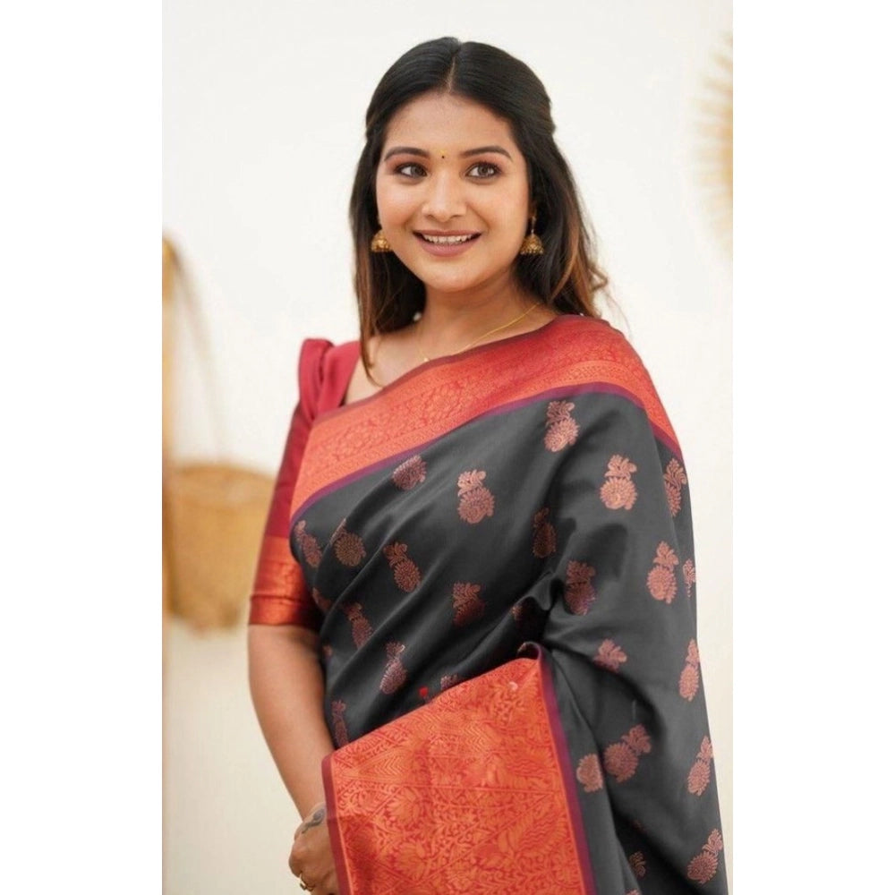 Seduva Women's Litchi silk Printed Saree With Unstitched Blouse (Grey)