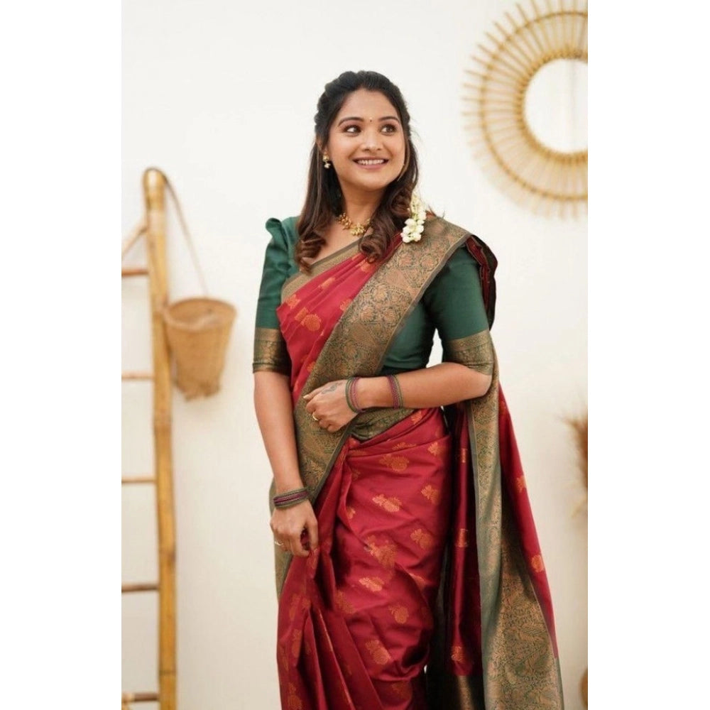 Seduva Women's Litchi silk Printed Saree With Unstitched Blouse (Red)