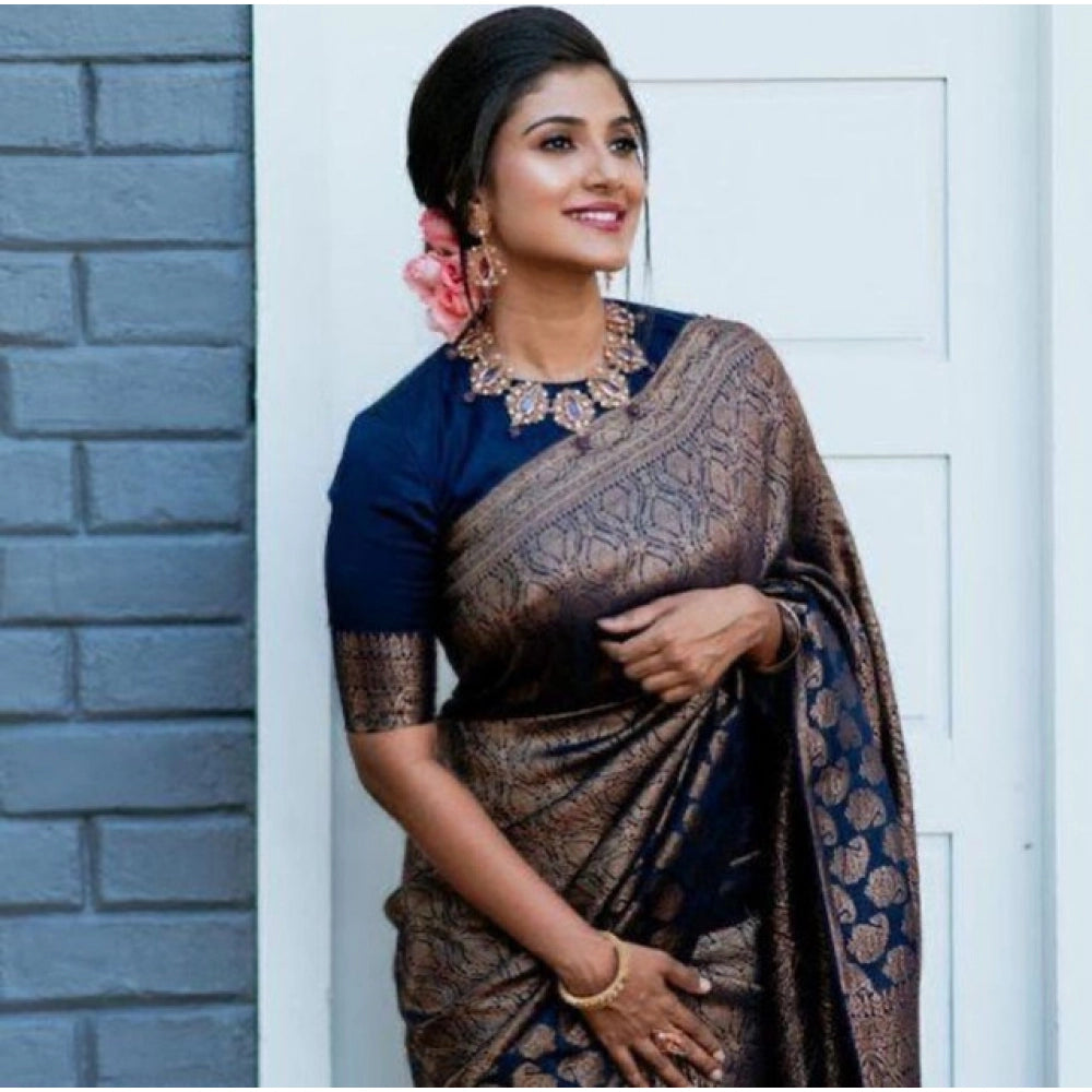 Seduva Women's Litchi silk Printed Saree With Unstitched Blouse (Blue)