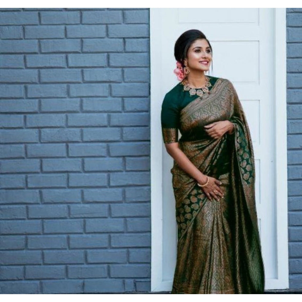 Seduva Women's Litchi silk Printed Saree With Unstitched Blouse (Green)