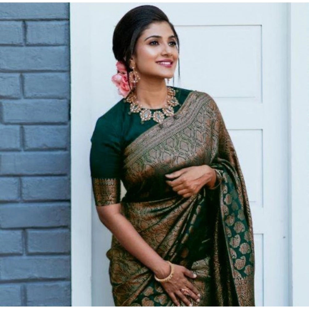 Seduva Women's Litchi silk Printed Saree With Unstitched Blouse (Green)