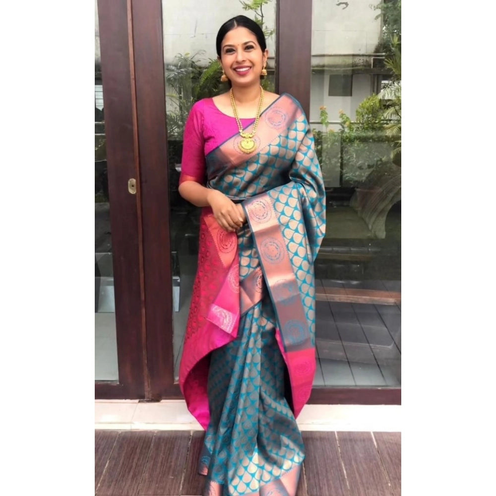 Seduva Women's Litchi silk Printed Saree With Unstitched Blouse (Blue)