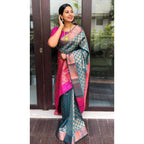 Seduva Women's Litchi silk Printed Saree With Unstitched Blouse (Blue)