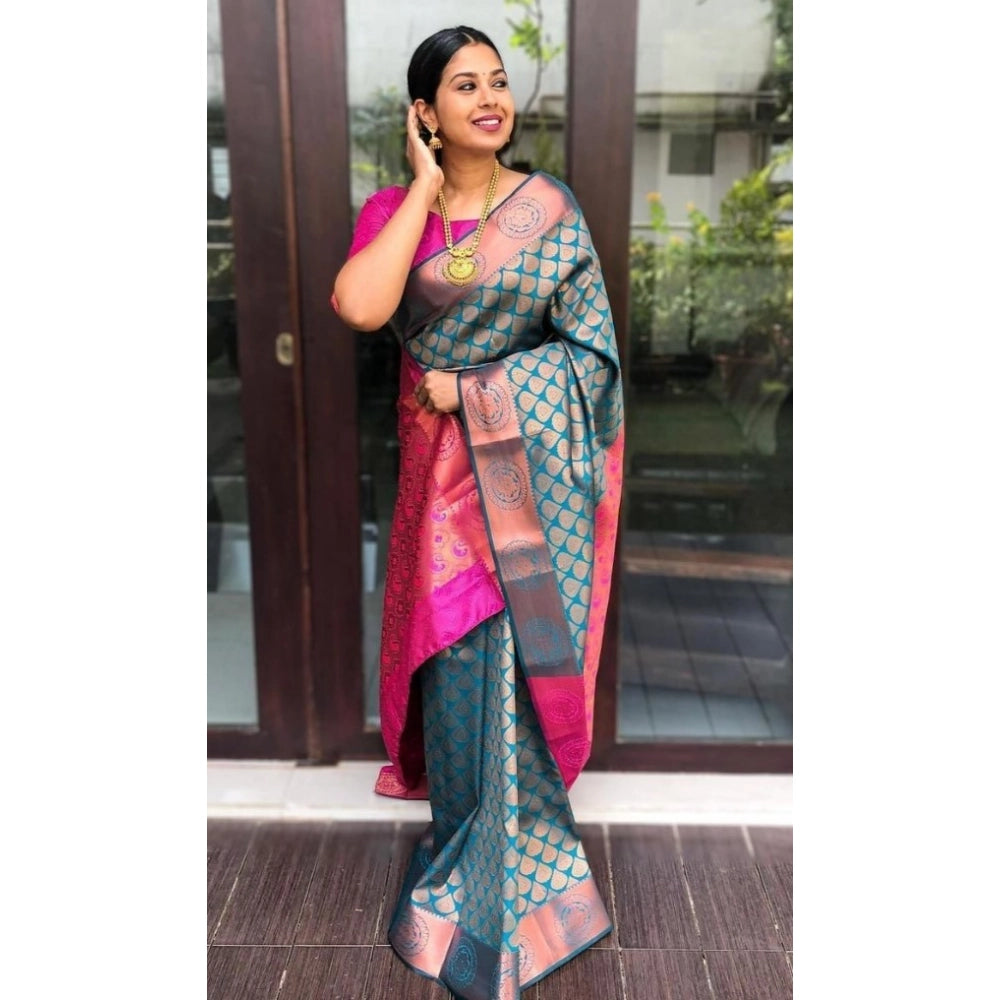 Seduva Women's Litchi silk Printed Saree With Unstitched Blouse (Blue)