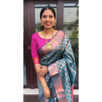 Seduva Women's Litchi silk Printed Saree With Unstitched Blouse (Blue)