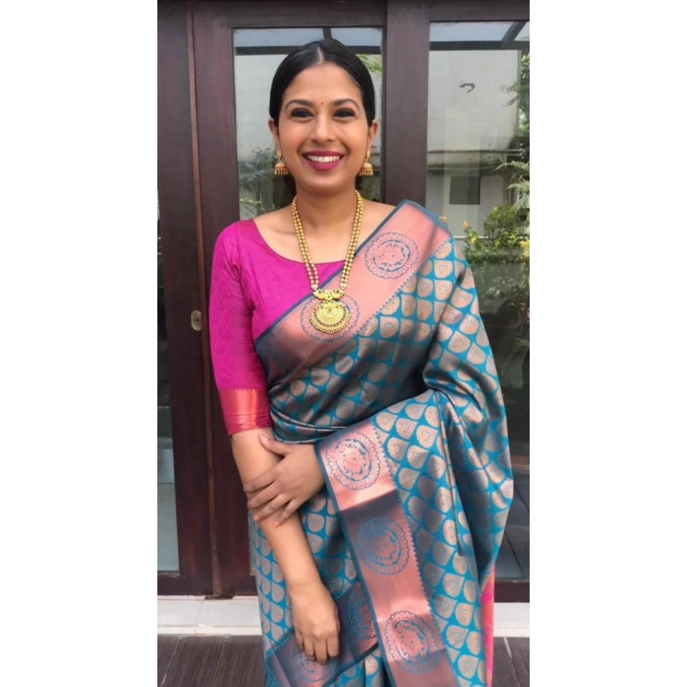 Seduva Women's Litchi silk Printed Saree With Unstitched Blouse (Blue)