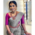 Seduva Women's Litchi silk Printed Saree With Unstitched Blouse (Grey)