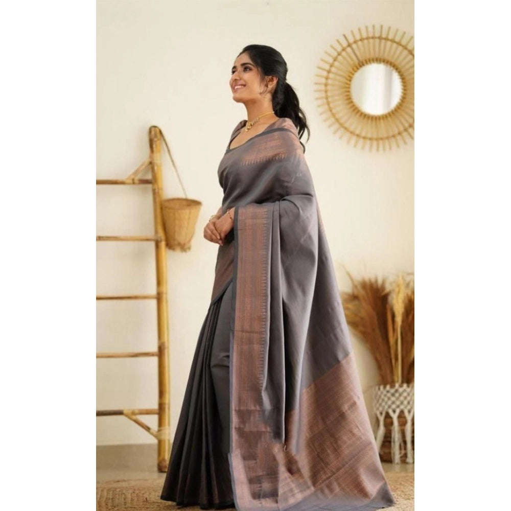 Seduva Women's Litchi silk Printed Saree With Unstitched Blouse (Grey)