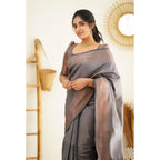 Seduva Women's Litchi silk Printed Saree With Unstitched Blouse (Grey)
