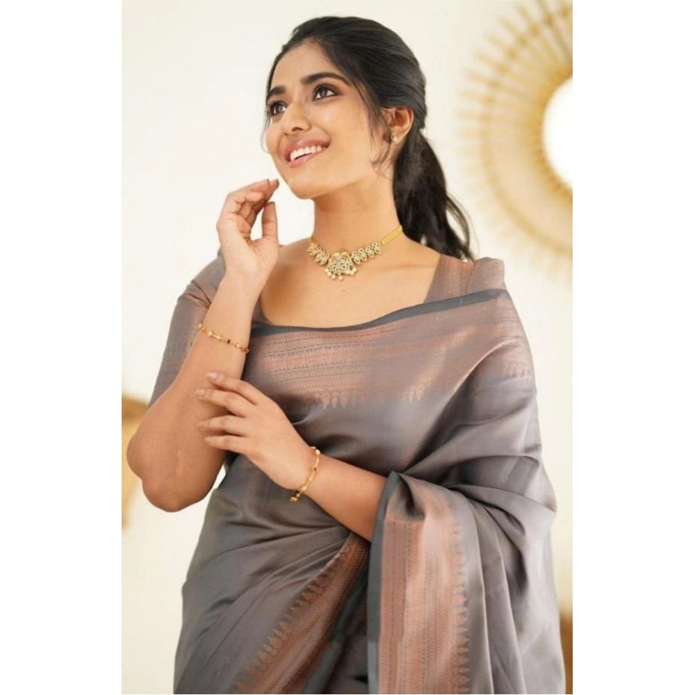 Seduva Women's Litchi silk Printed Saree With Unstitched Blouse (Grey)