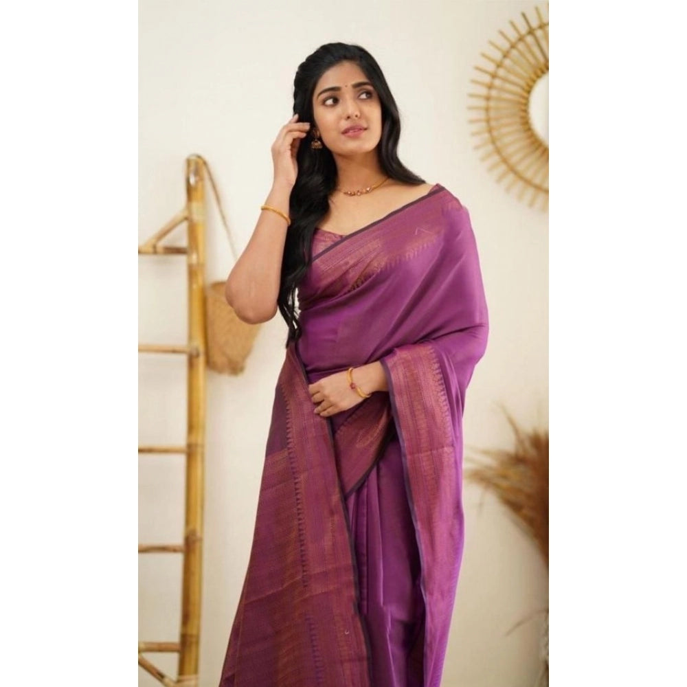Seduva Women's Litchi silk Printed Saree With Unstitched Blouse (Purple)