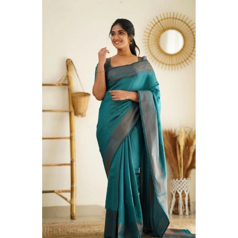 Seduva Women's Litchi silk Printed Saree With Unstitched Blouse (Rama Blue)