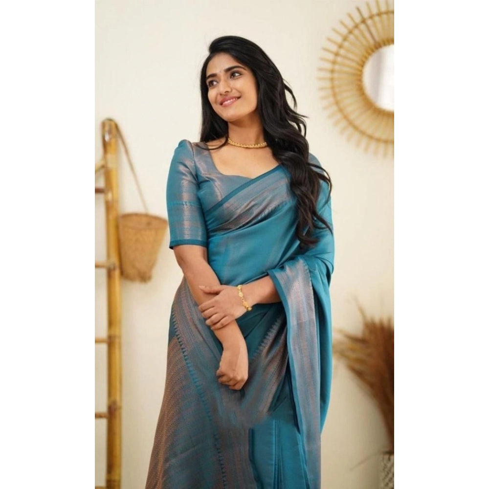 Seduva Women's Litchi silk Printed Saree With Unstitched Blouse (Rama Blue)