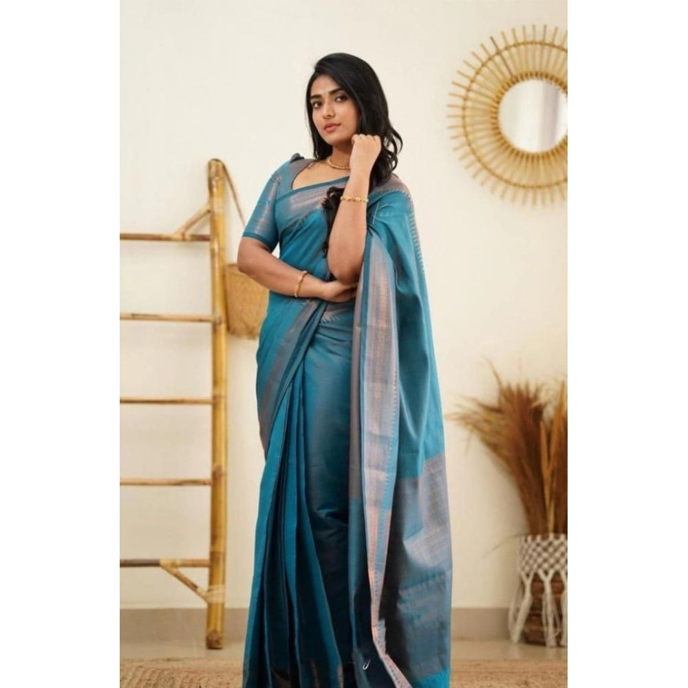 Seduva Women's Litchi silk Printed Saree With Unstitched Blouse (Rama Blue)