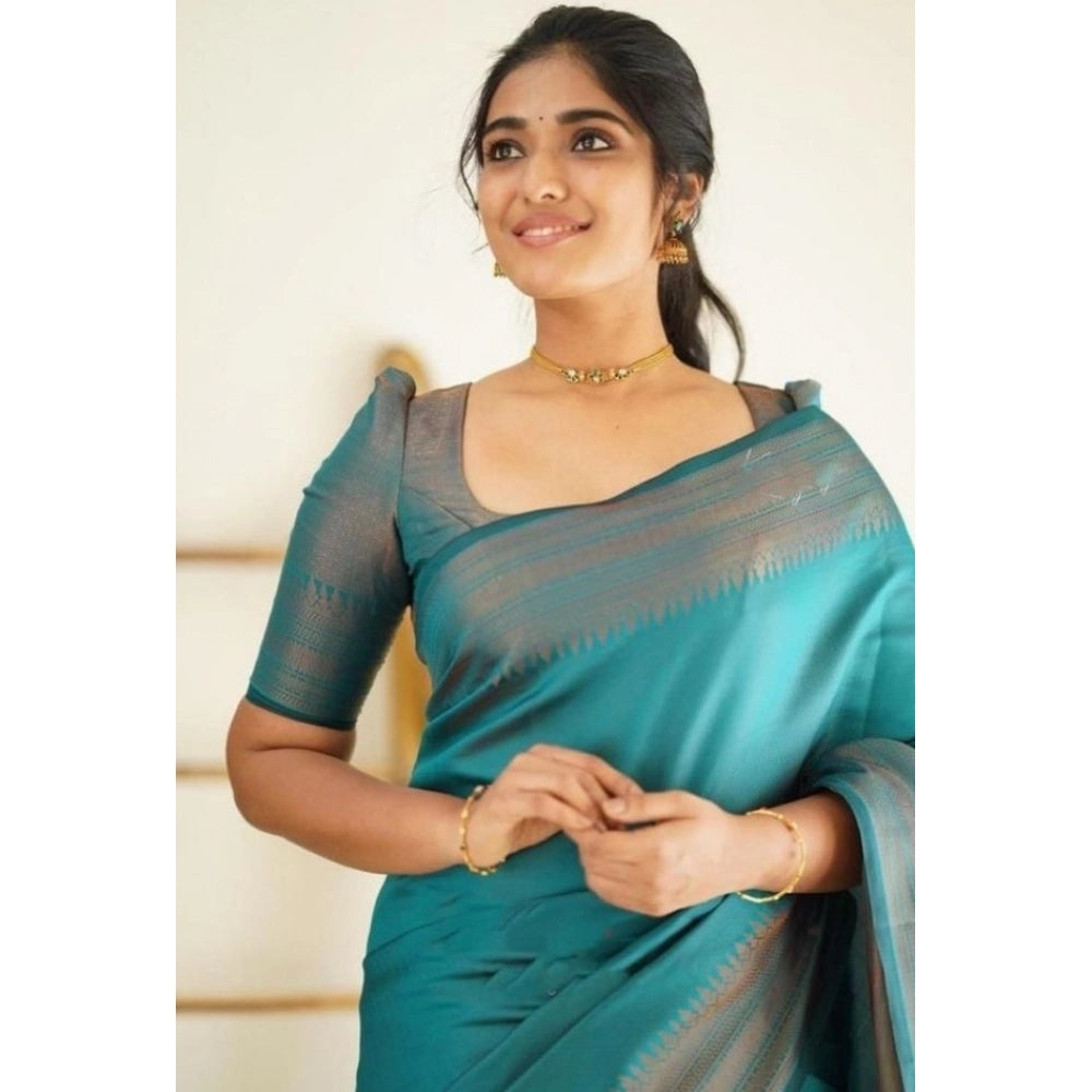 Seduva Women's Litchi silk Printed Saree With Unstitched Blouse (Rama Blue)