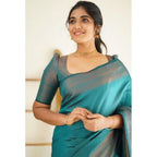 Seduva Women's Litchi silk Printed Saree With Unstitched Blouse (Rama Blue)