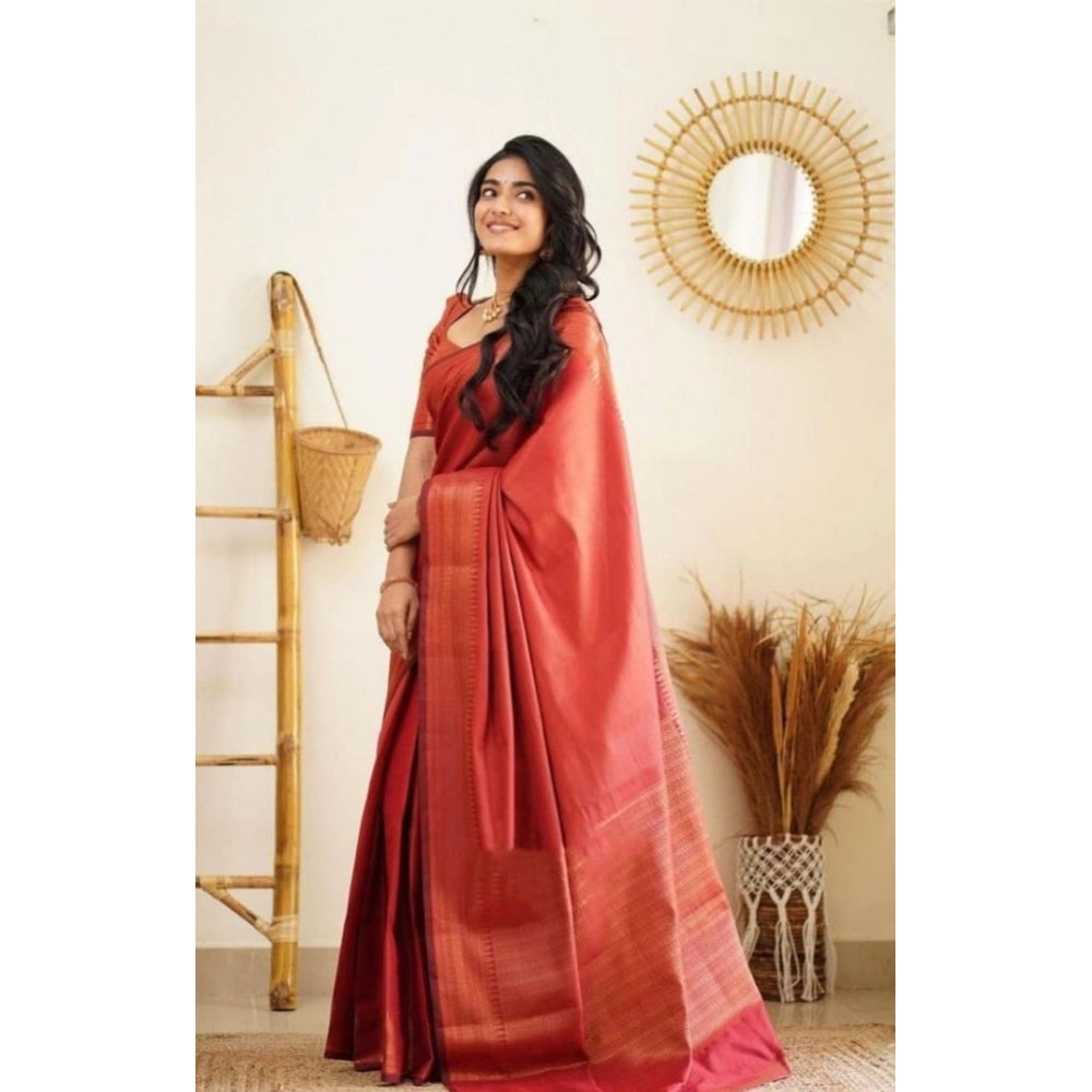 Seduva Women's Litchi silk Printed Saree With Unstitched Blouse (Red)
