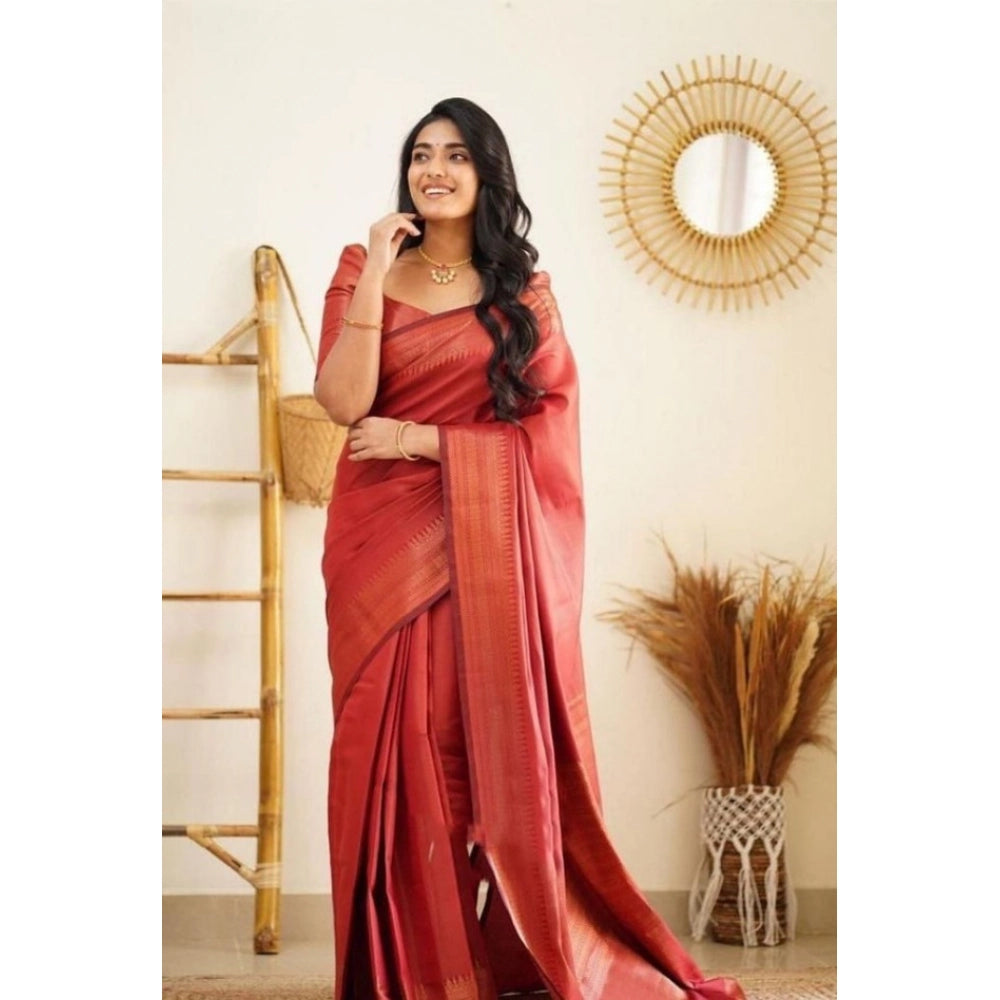 Seduva Women's Litchi silk Printed Saree With Unstitched Blouse (Red)