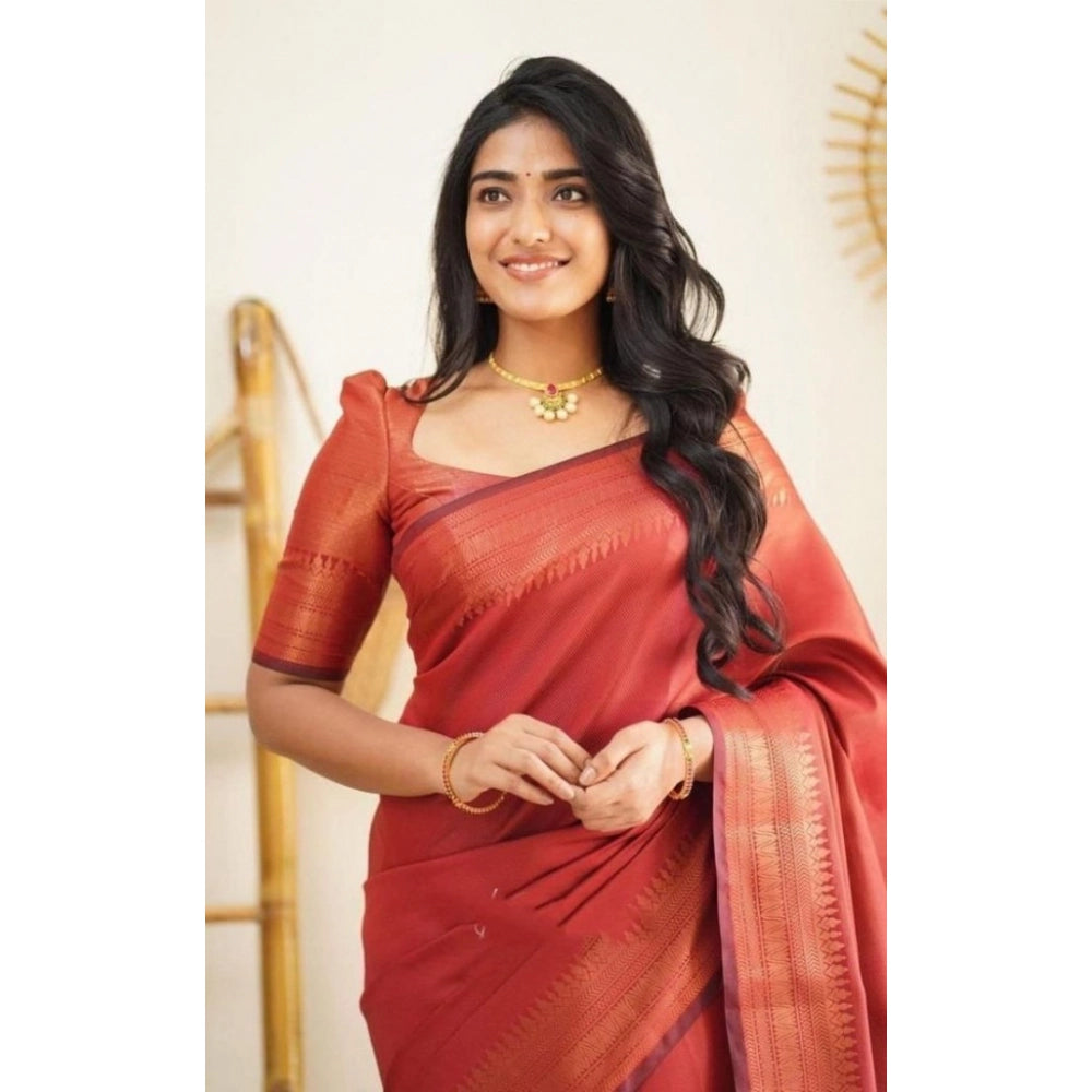 Seduva Women's Litchi silk Printed Saree With Unstitched Blouse (Red)