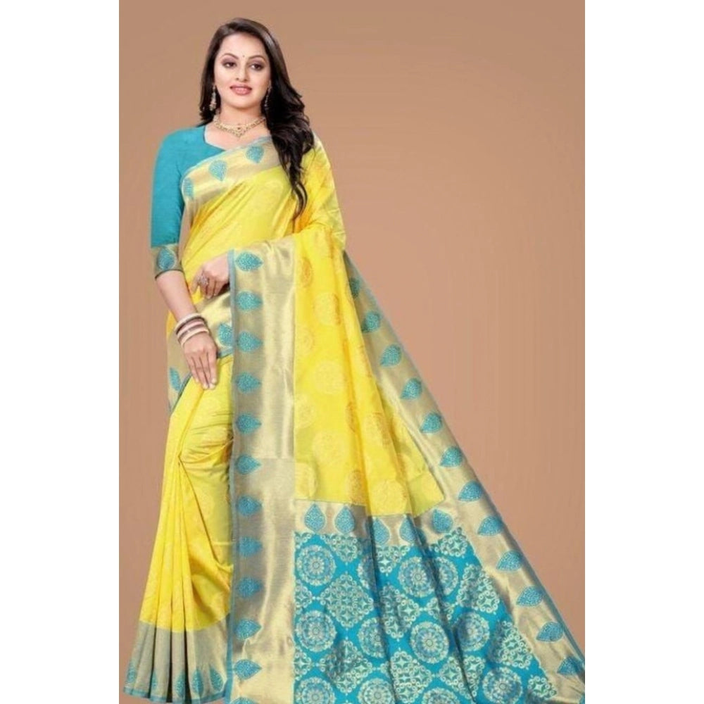 Seduva Women's Litchi silk Printed Saree With Unstitched Blouse (Yellow)