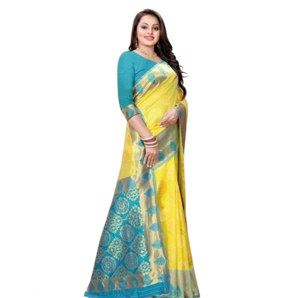 Seduva Women's Litchi silk Printed Saree With Unstitched Blouse (Yellow)