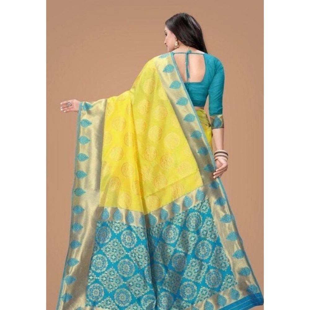 Seduva Women's Litchi silk Printed Saree With Unstitched Blouse (Yellow)