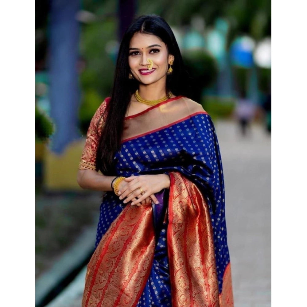 Seduva Women's Litchi silk Printed Saree With Unstitched Blouse (Blue)