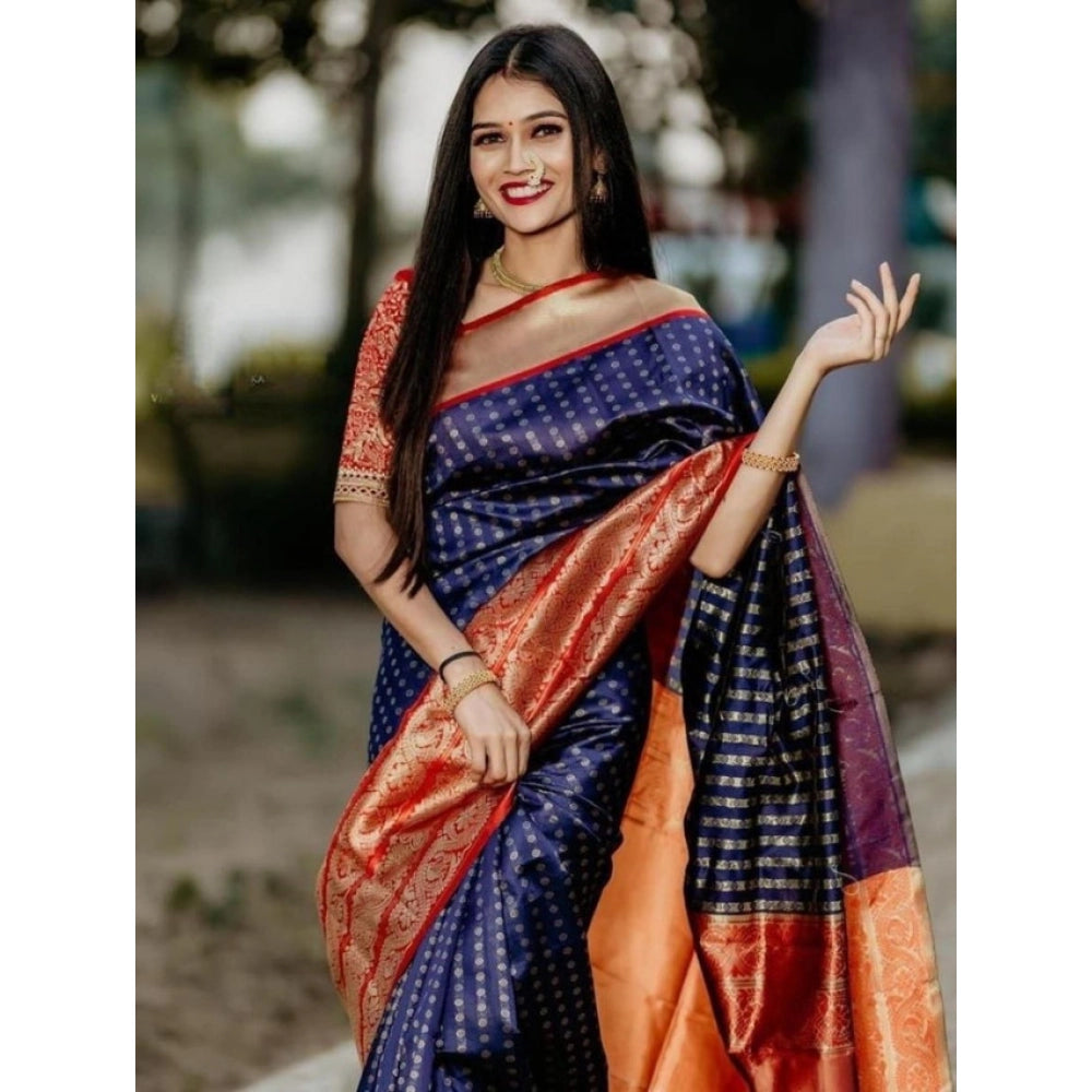 Seduva Women's Litchi silk Printed Saree With Unstitched Blouse (Blue)