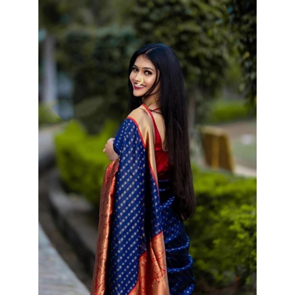 Seduva Women's Litchi silk Printed Saree With Unstitched Blouse (Blue)