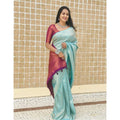 Seduva Women's Litchi silk Printed Saree With Unstitched Blouse (Blue)